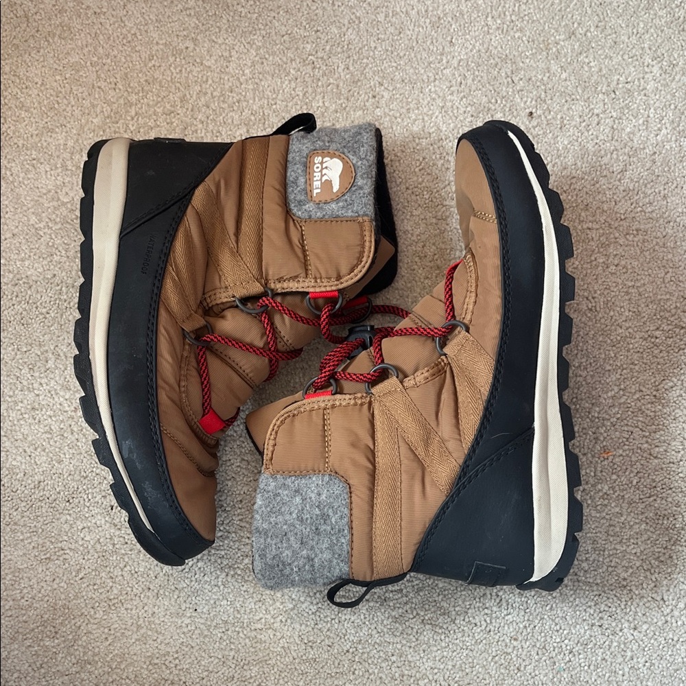 Sorel Tan and Black Winter Boots with Red Laces